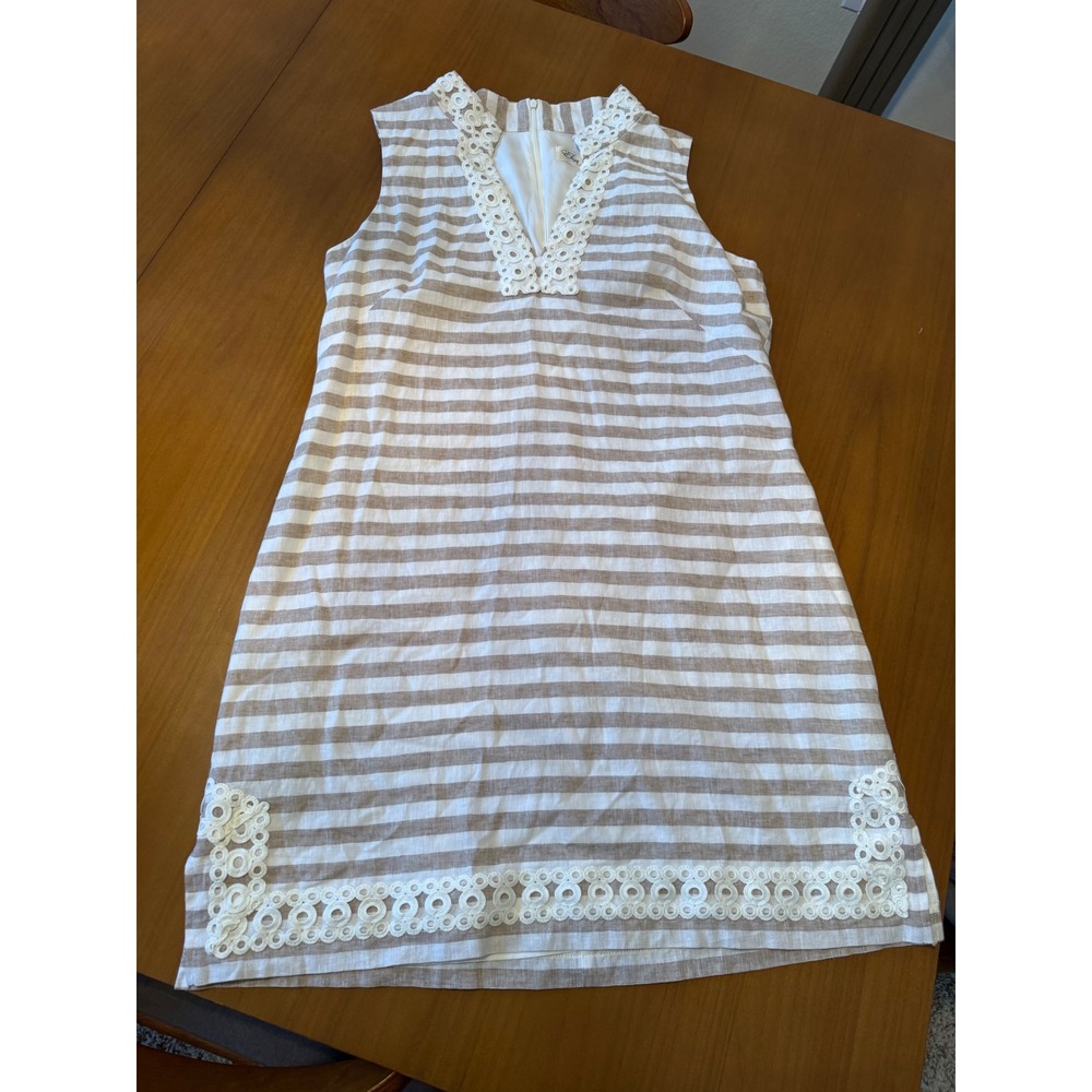 Eliza Beige White Striped Sleeveless Mini Dress with Lace‎ Trim